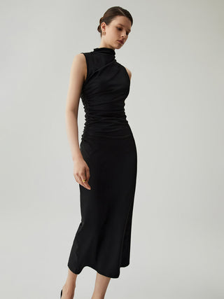 Mock Neck Sleeveless Split Ruched Long Dress