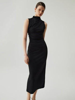 Mock Neck Sleeveless Split Ruched Long Dress