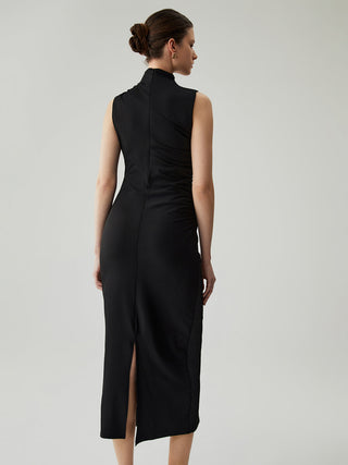 Mock Neck Sleeveless Split Ruched Long Dress