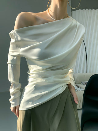 Satin Asymmetrical Off Shoulder Ruched Blouse