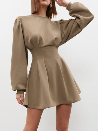 Knit Pleated Long Sleeve Crew Neck Mini Dress