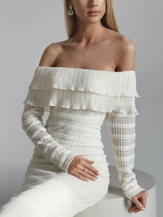 Ruffled Overfold Off Shoulder Layered Knit Midi Dress