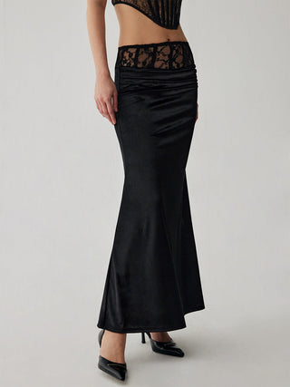 Velvet Lace Patchwork Ruched Maxi Skirt