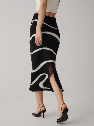 Wave Pattern Knit Midi Skirt