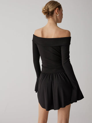 Pleated Off-Shoulder A-Line Short Dress