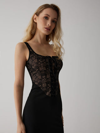 Lace Corset Square Neck Long Dress