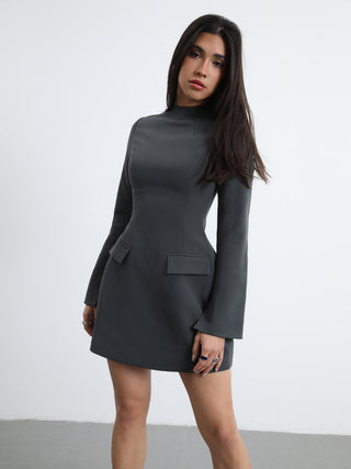 Long Sleeve Pocket Decor Short Dress