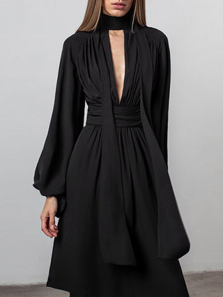 Bow Puffy Sleeve Chiffon Midi  Dress