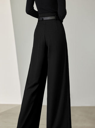 Solid Belted Pleated Wide Leg Pants