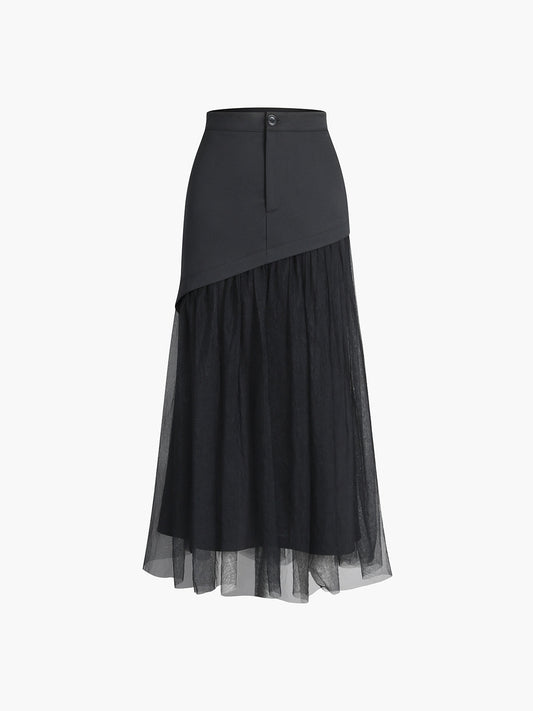 Patchwork Button Mesh Midi Skirt