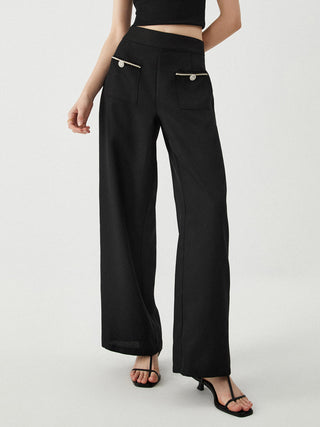 Contrast Trim Pocket Wide Leg Pants