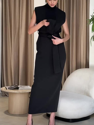 Solid Slit Belted Turtleneck Long Dress