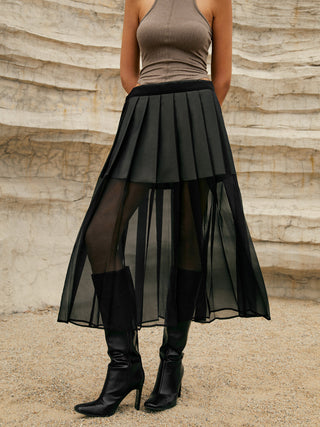 Pleated Double-Layered Mesh Midi Skirt