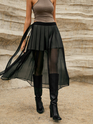 Pleated Double-Layered Mesh Midi Skirt