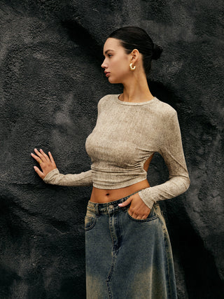 Drawstring Backless Long Sleeve Crop Top