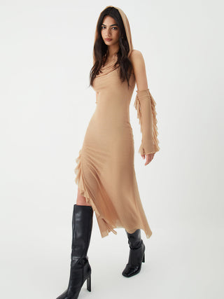 Hooded Lettuce Trim Split Midi Dress