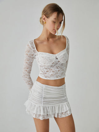 Lace Long Sleeve Top With Pleated Mini Skirt Set