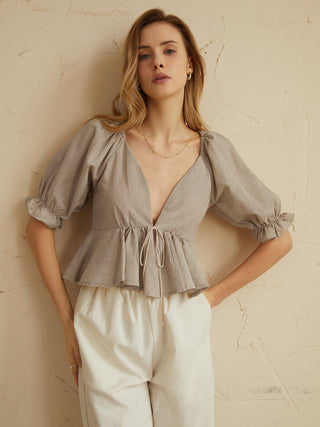 Cotton & Linen Backless Ruffle Knotted Blouse