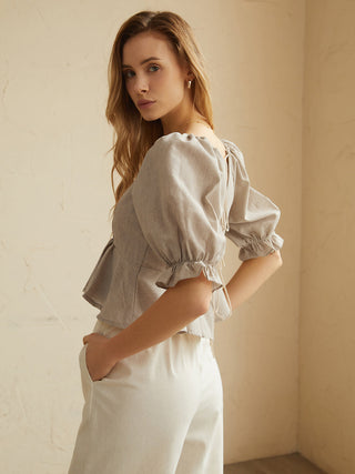 Cotton & Linen Backless Ruffle Knotted Blouse