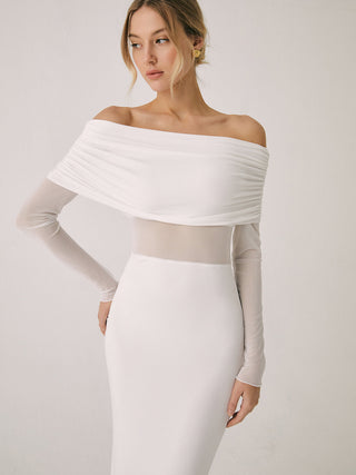 Overfold Off-Shoulder Mesh Long Sleeve Long Dress