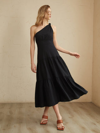 Robe midi à épaule asymétrique nouée