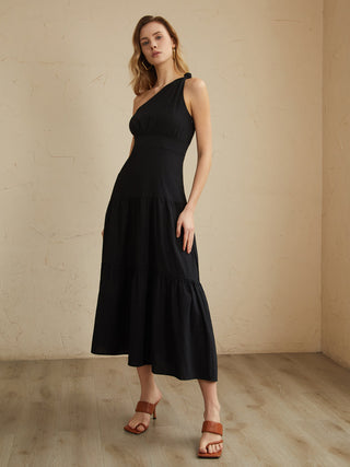 Robe midi à épaule asymétrique nouée