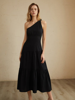 Robe midi à épaule asymétrique nouée