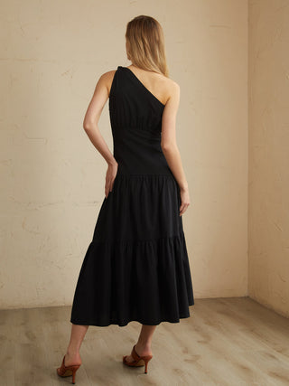 Asymmetric Shoulder Knotted Midi Dress