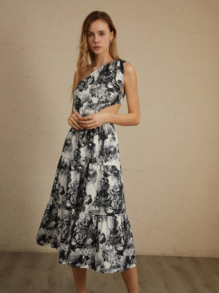 Robe midi à imprimé floral avec découpe asymétrique