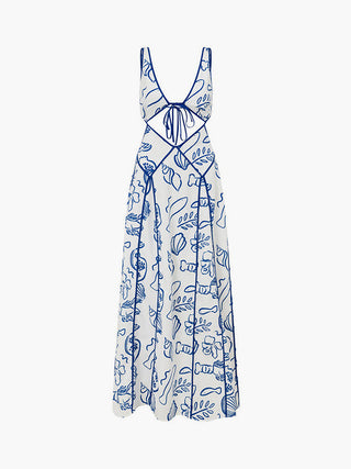 Robe longue dos nu à motif d'organismes marins