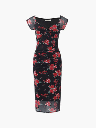 Robe midi à imprimé floral avec côtés froncés