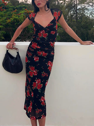 Robe midi à imprimé floral avec côtés froncés