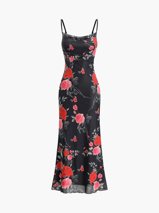 Robe longue cami imprimé floral roses