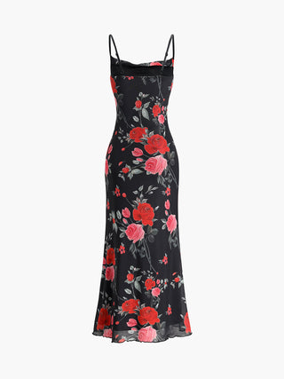 Robe longue cami imprimé floral roses