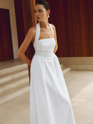 Cotton & Linen Halter A Line Long Dress