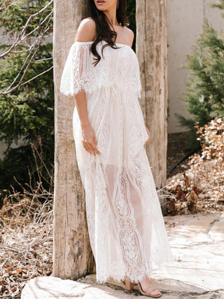 Robe longue à épaules dénudées en jacquard de dentelle transparente