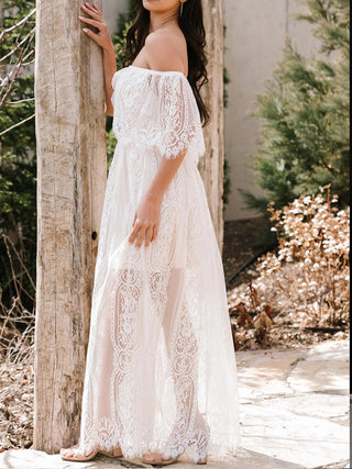 Sheer Lace Jacquard Cold Shoulder Long Dress