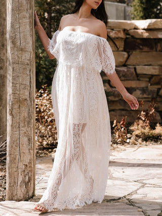 Robe longue à épaules dénudées en jacquard de dentelle transparente