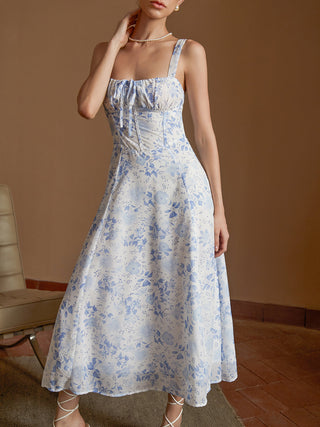 Robe midi froncée à encolure carrée et imprimé floral