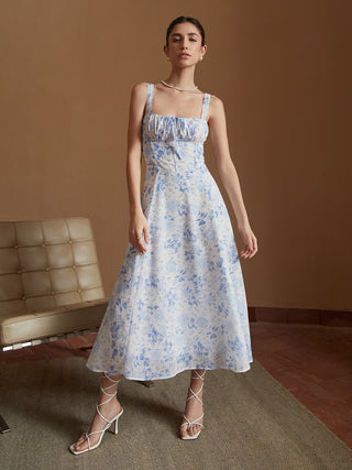 Robe midi froncée à encolure carrée et imprimé floral