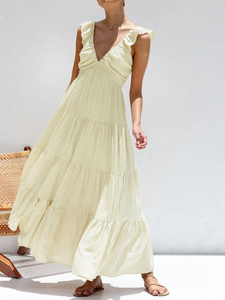 Ruffle Shouder V Neck Tiered Long Dress