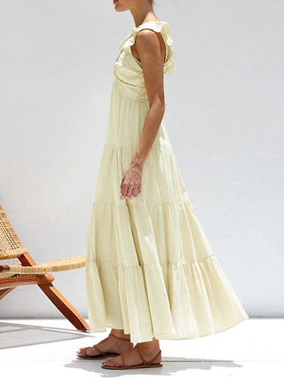 Ruffle Shouder V Neck Tiered Long Dress