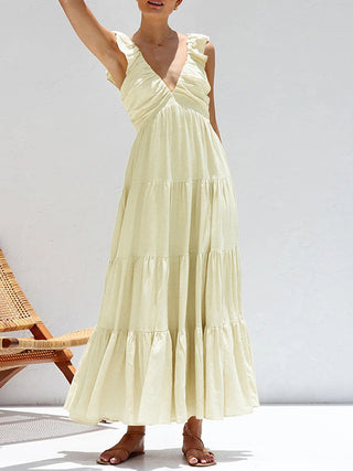 Ruffle Shouder V Neck Tiered Long Dress