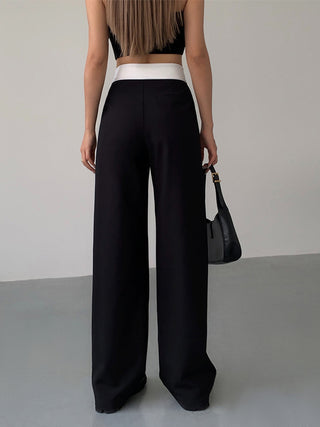 Pantalon large à taille pliée contrastée