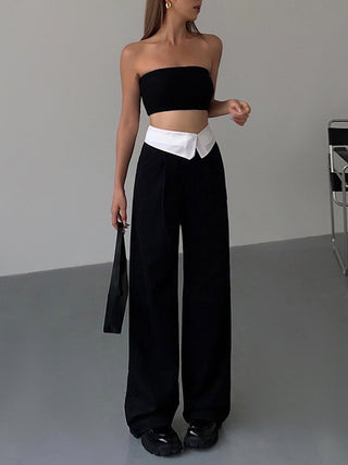 Pantalon large à taille pliée contrastée