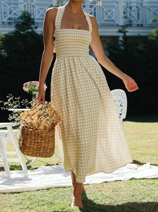 Robe longue croisée à carreaux imprimés campagne