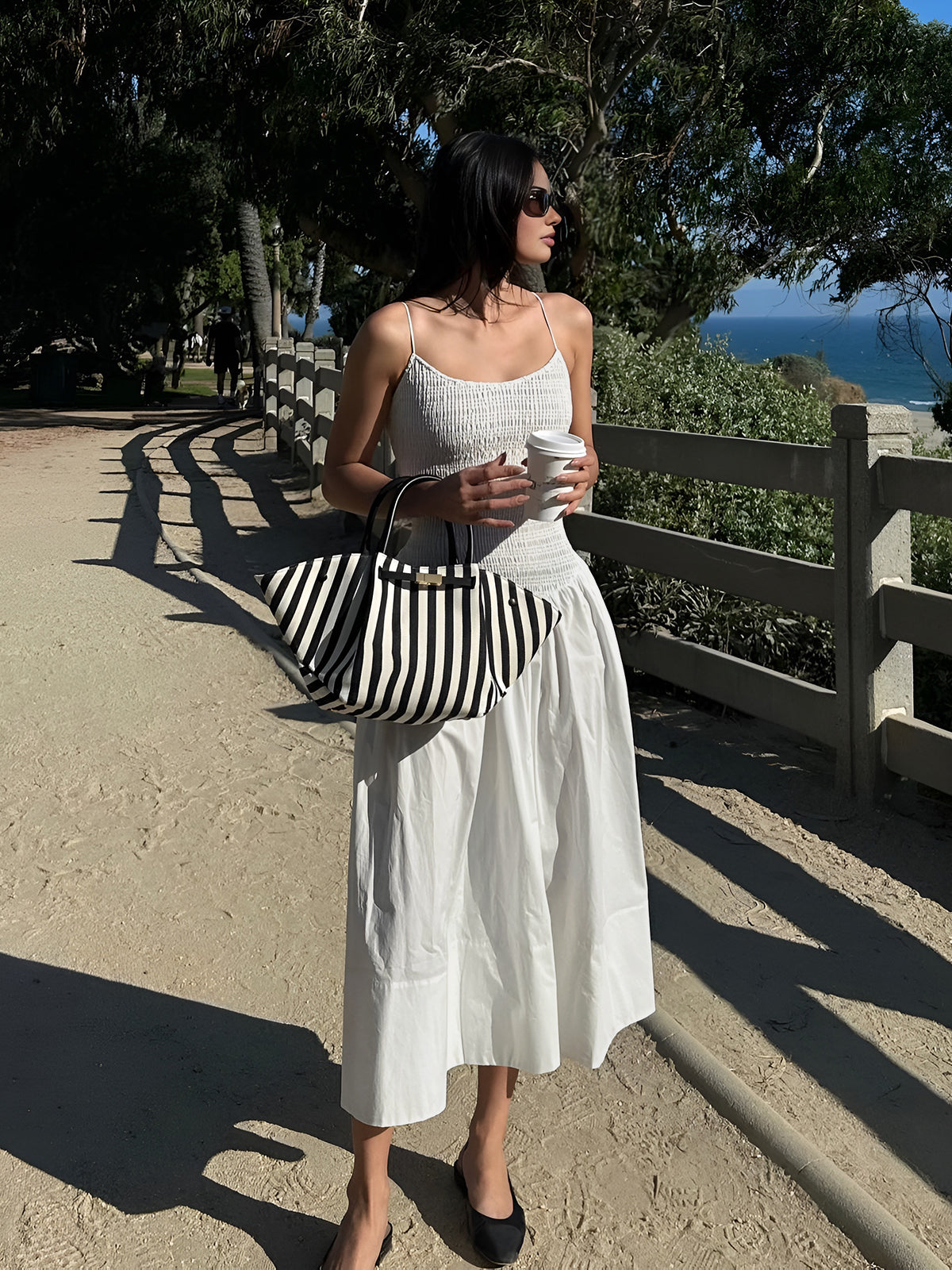 Robe midi cami froncée en mélanges de coton