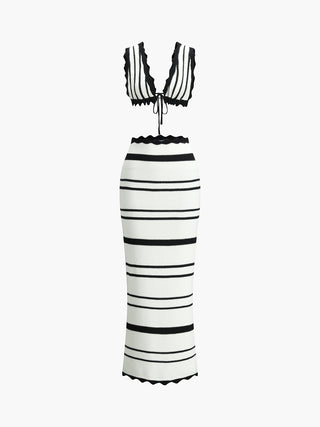 Striped Knotted Backless Skirt Set