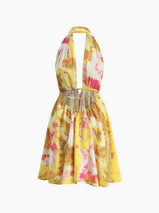 Robe courte dos nu à imprimé tropical avec encolure halter