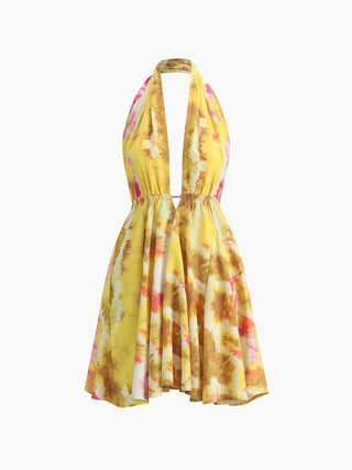 Robe courte dos nu à imprimé tropical avec encolure halter